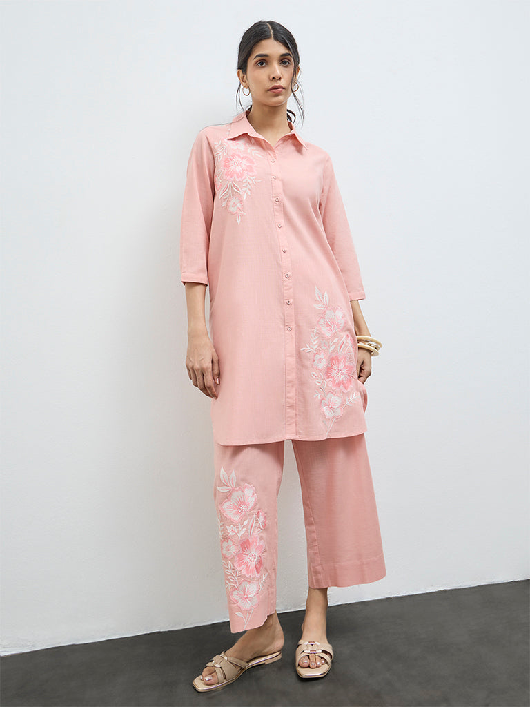 Utsa Coral Floral Embroidered Cotton Pants