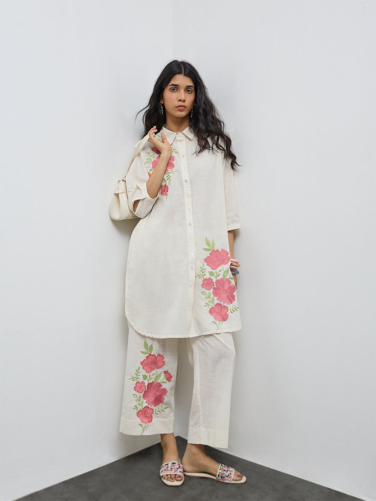 Utsa Off-White Floral Embroidered Cotton Pants