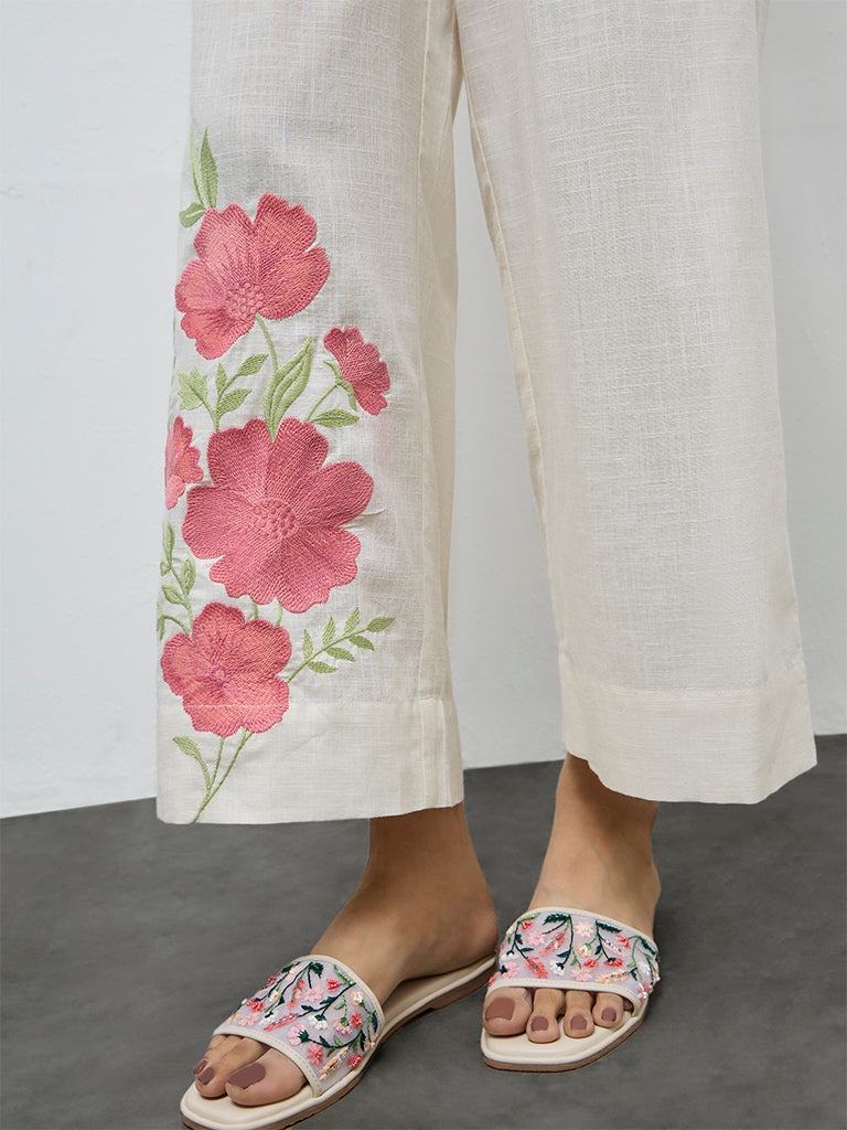 Utsa Off-White Floral Embroidered Cotton Pants