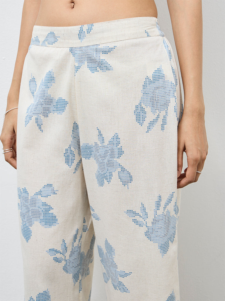 Utsa Off-White Floral Cotton-Blend Pants