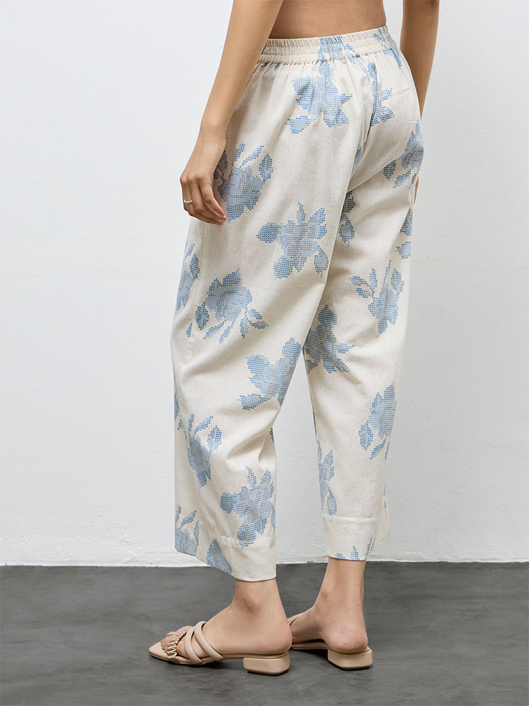Utsa Off-White Floral Cotton-Blend Pants