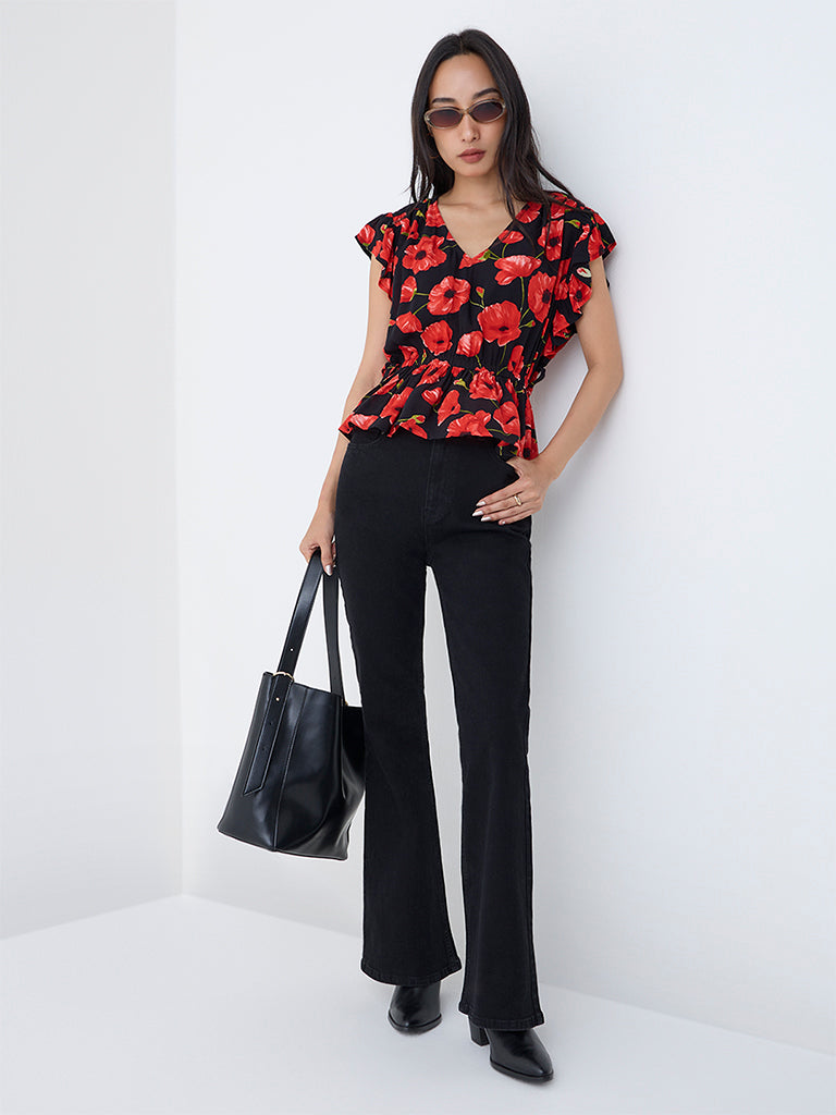 LOV Black Floral Pattern Peplum Top