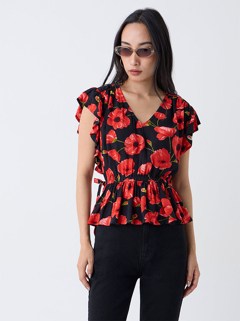 LOV Black Floral Pattern Peplum Top