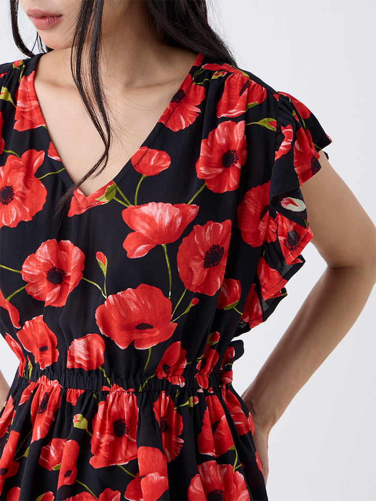 LOV Black Floral Pattern Peplum Top