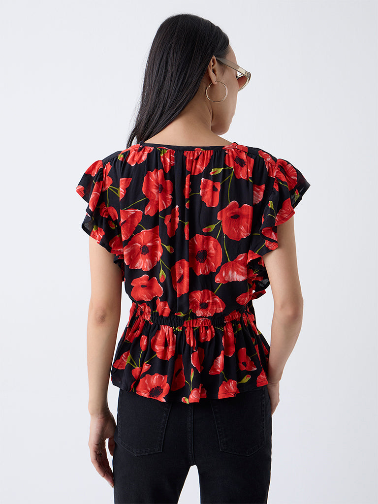 LOV Black Floral Pattern Peplum Top