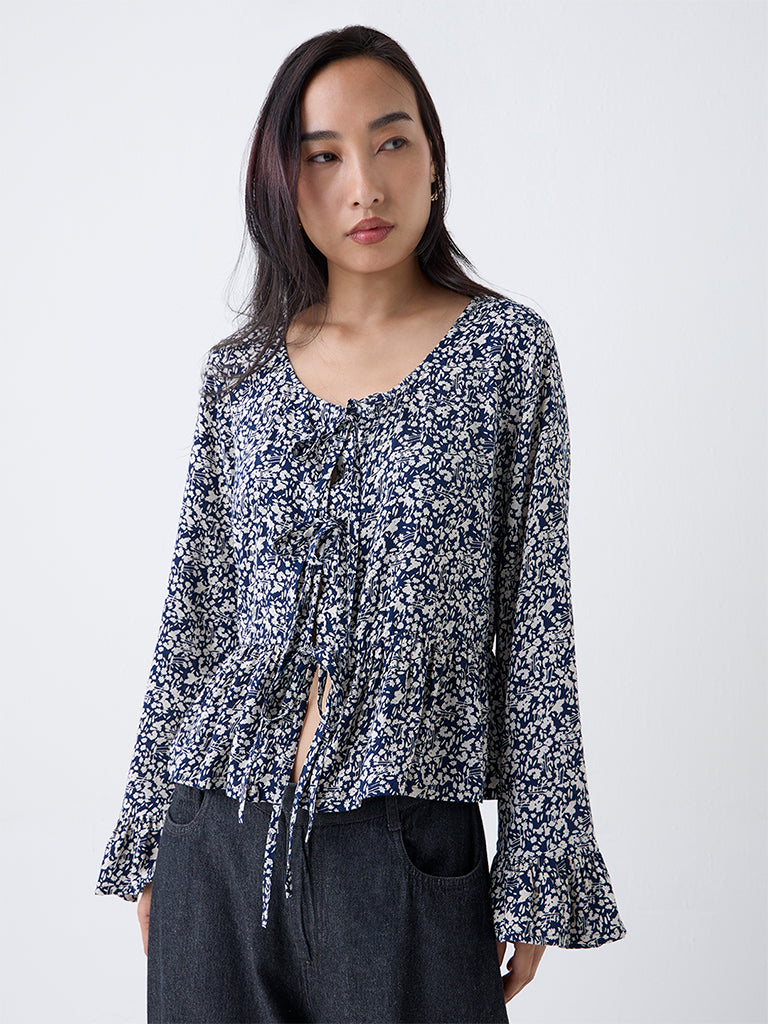 LOV Navy Floral Pattern Top