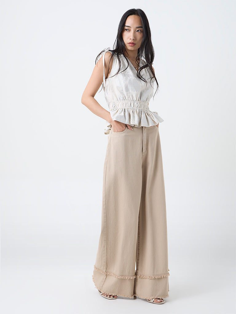 LOV Cream Floral Design Smocked Top