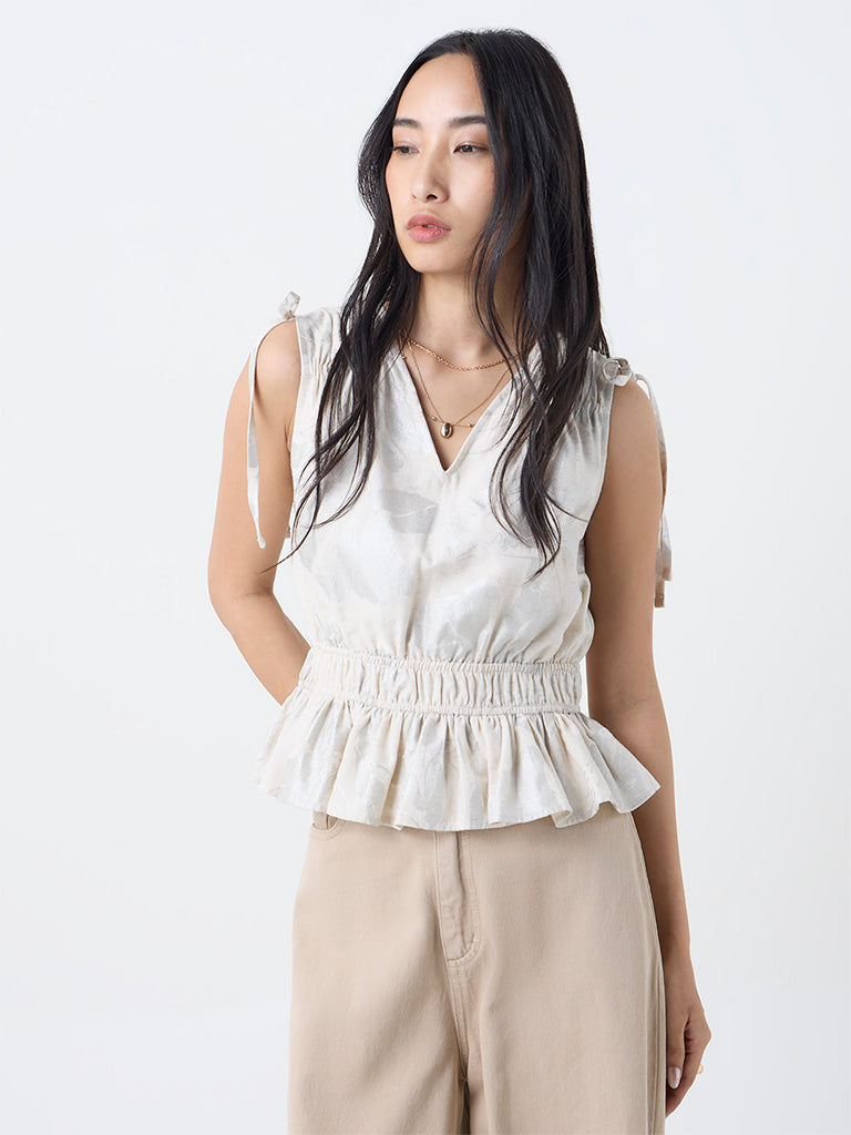 LOV Cream Floral Design Smocked Top