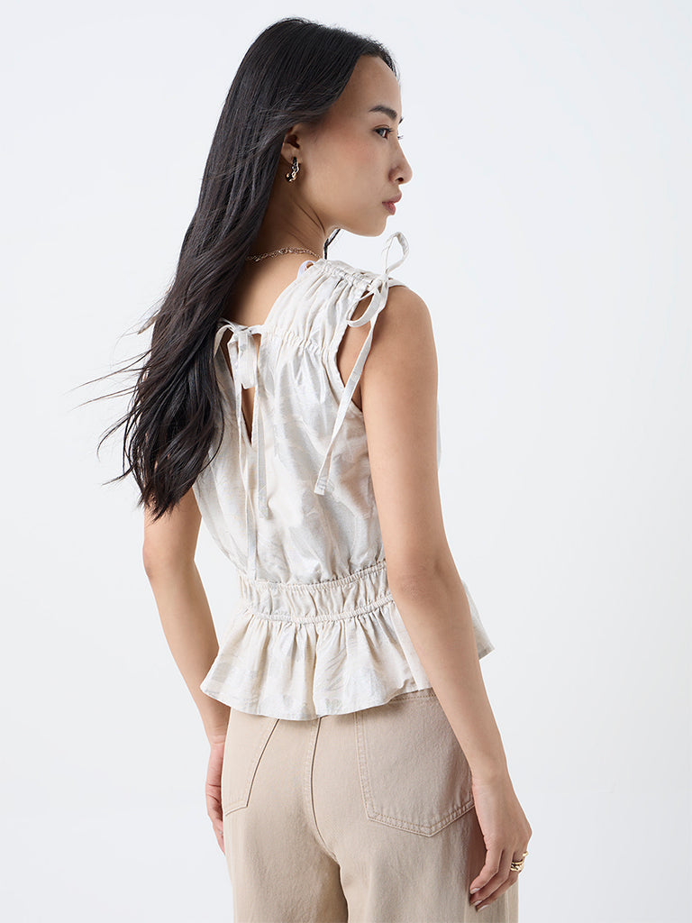 LOV Cream Floral Design Smocked Top