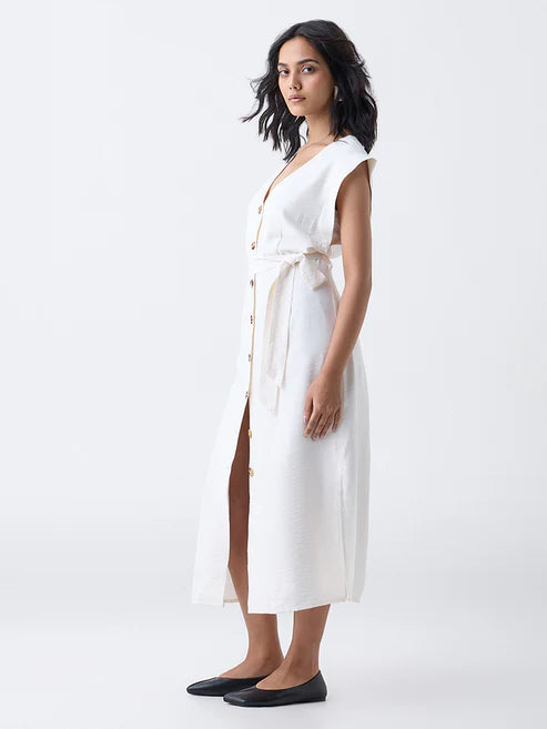 LOV White Solid A-Line Dress with Belt-Online Exclusive
