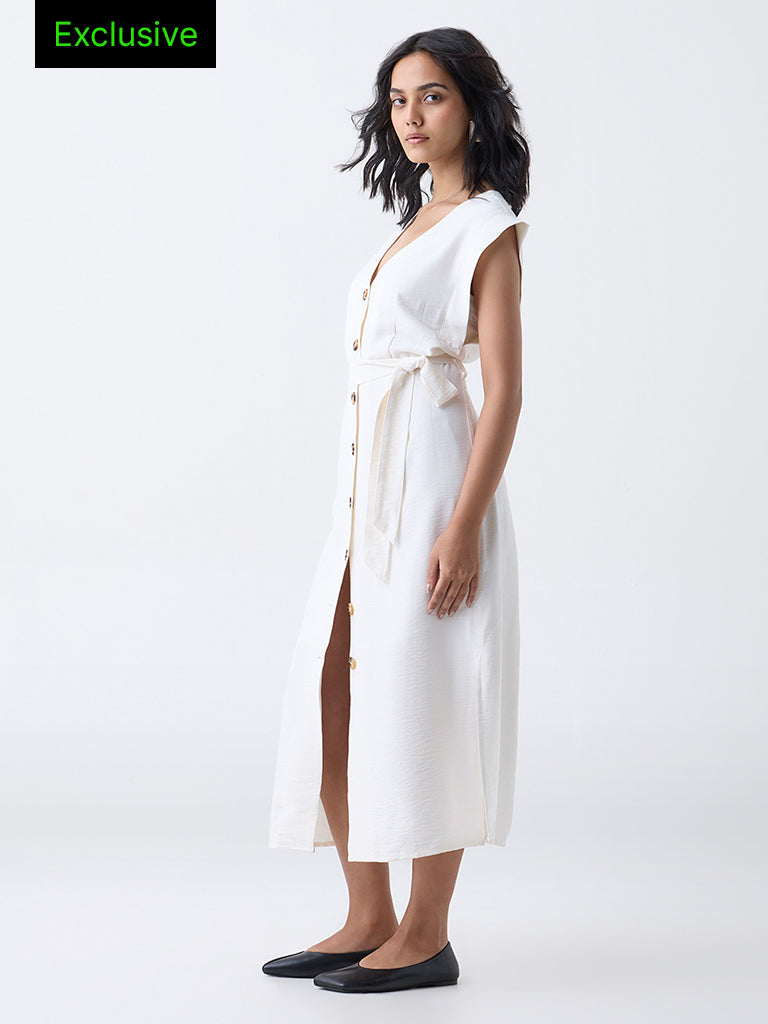 LOV White Solid A-Line Dress with Belt-Online Exclusive