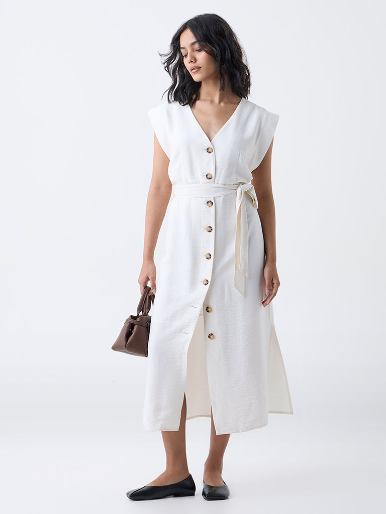 LOV White Solid A-Line Dress with Belt-Online Exclusive