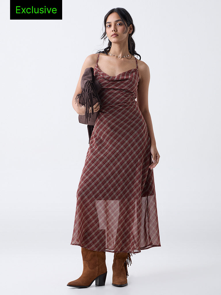 LOV Maroon Checks Cowl Neck A-Line Dress-Online Exclusive