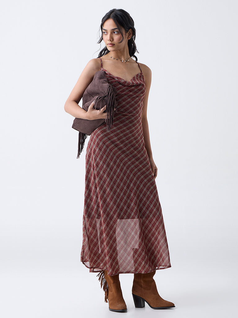 LOV Maroon Checks Cowl Neck A-Line Dress-Online Exclusive