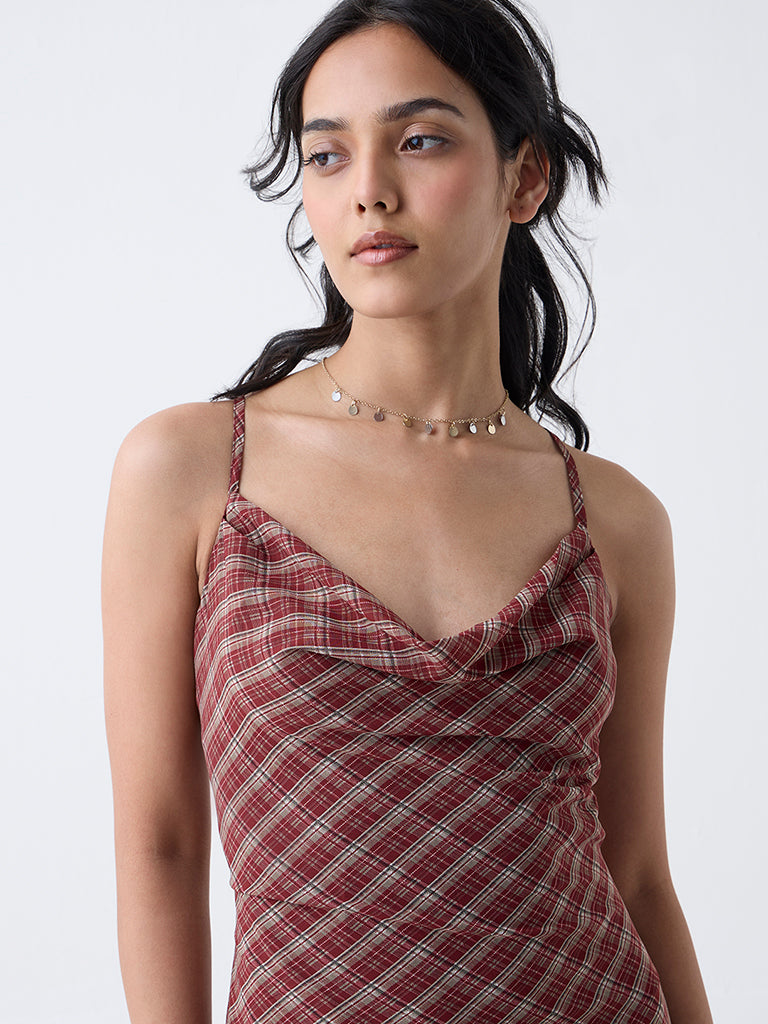 LOV Maroon Checks Cowl Neck A-Line Dress-Online Exclusive