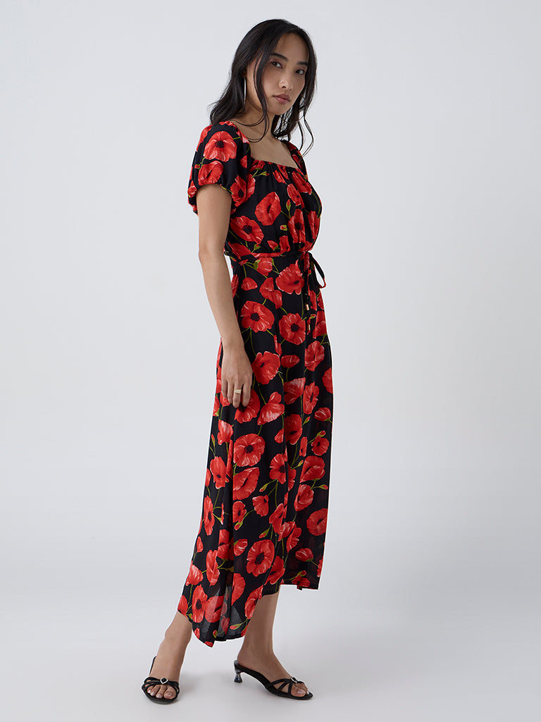 black floral a line dress A-line V Neck Black Floral Long Prom Dresses Split Evening Dress US4 / Custom Color