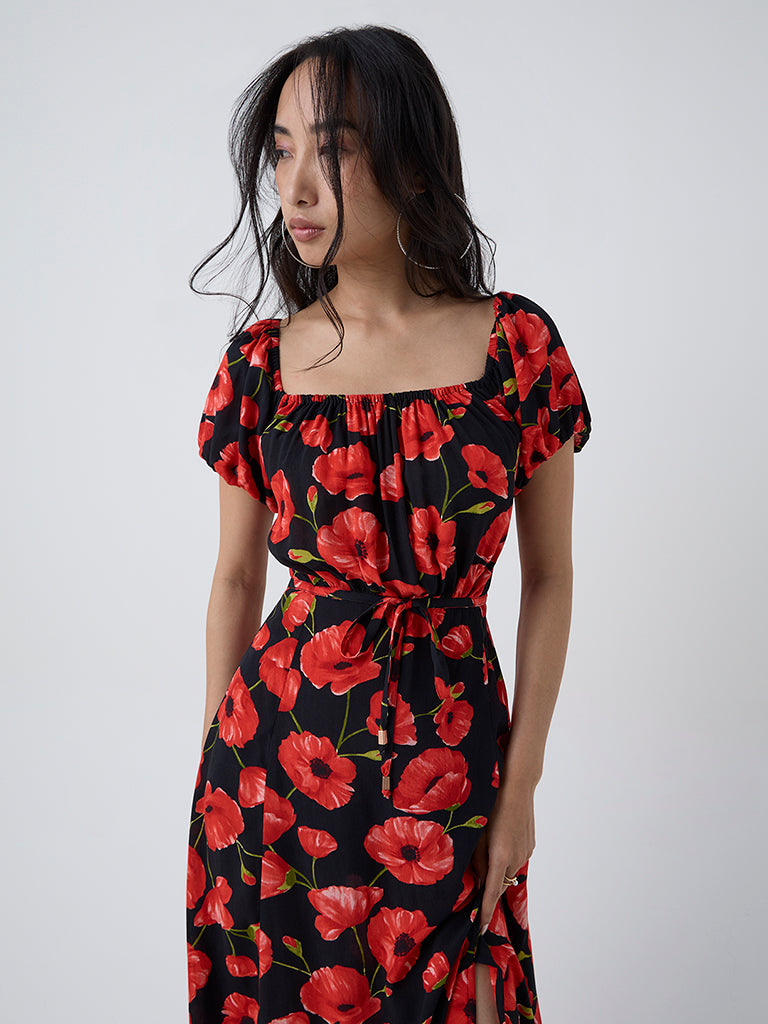 LOV Black Floral Pattern A-Line Dress