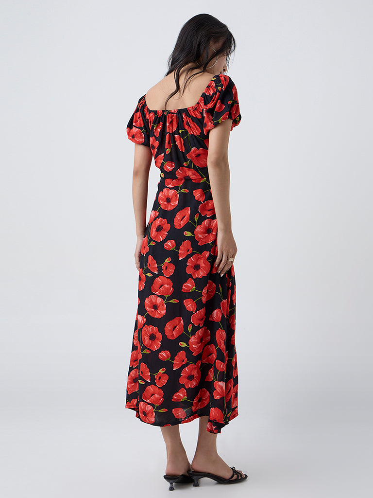 LOV Black Floral Pattern A-Line Dress