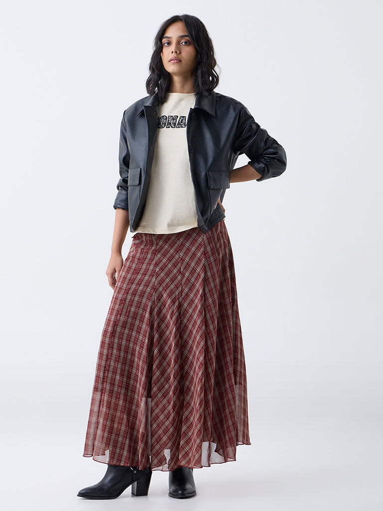 LOV Maroon Check Pattern High-Rise Skirt