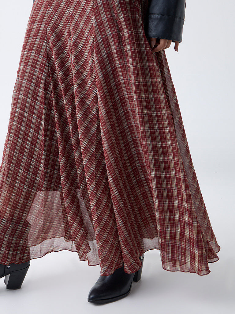 LOV Maroon Check Pattern High-Rise Skirt