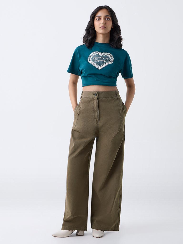 LOV Olive High-Rise Baggy Cotton Trousers