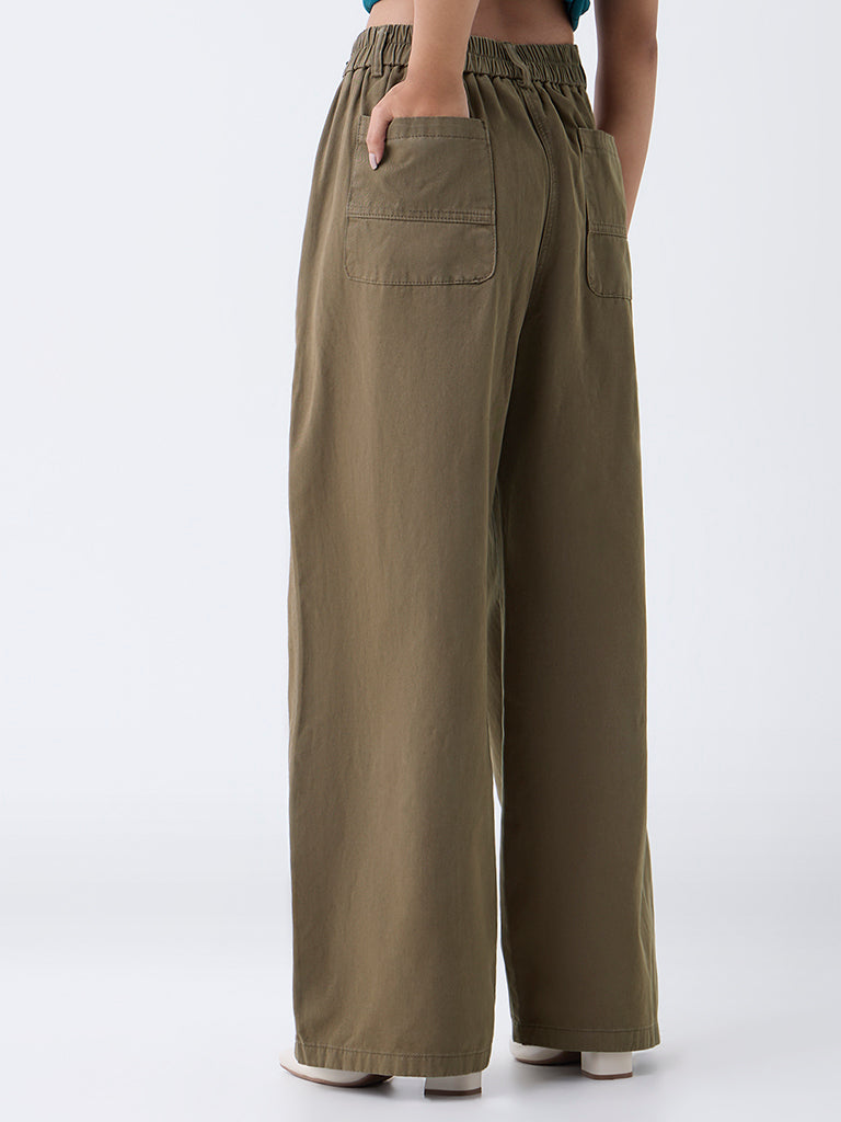 LOV Olive High-Rise Baggy Cotton Trousers