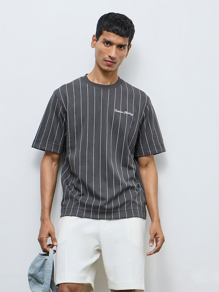 Studiofit Dark Grey Striped Relaxed-Fit Cotton-Blend T-Shirt
