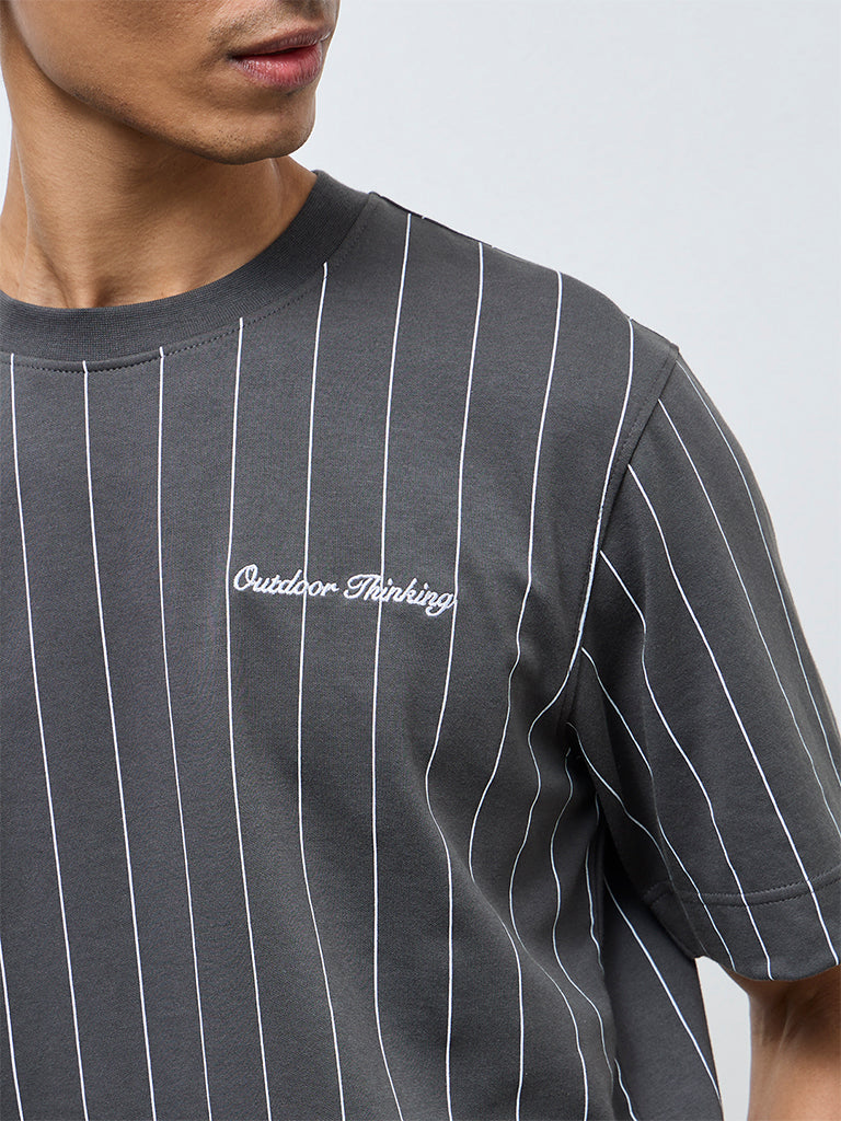 Studiofit Dark Grey Striped Relaxed-Fit Cotton-Blend T-Shirt