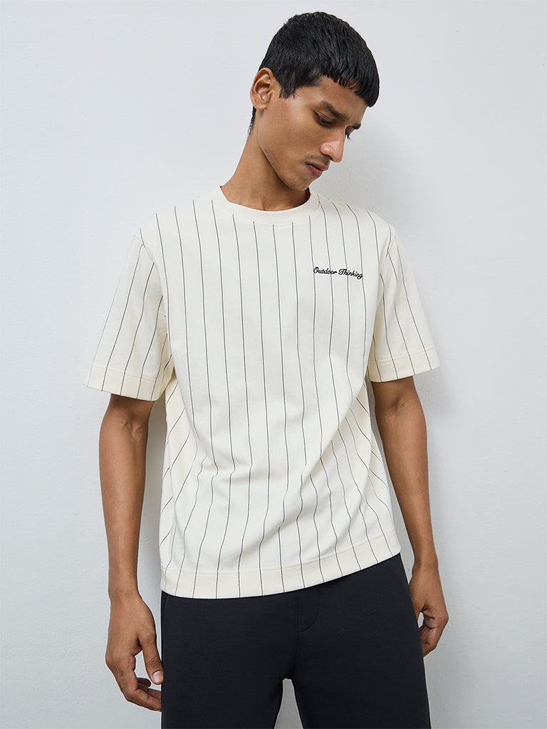 Studiofit Off-White Striped Pattern Relaxed-Fit Cotton-Blend T-Shirt