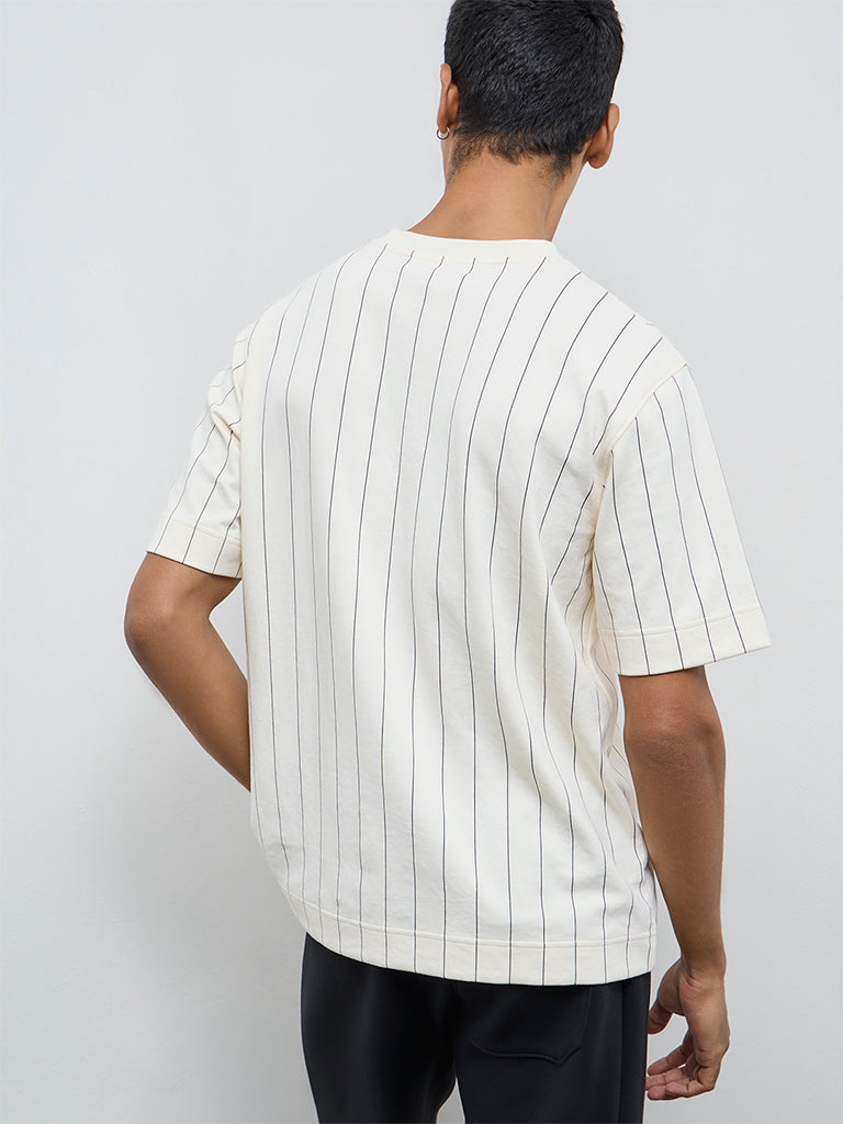 Studiofit Off-White Striped Pattern Relaxed-Fit Cotton-Blend T-Shirt