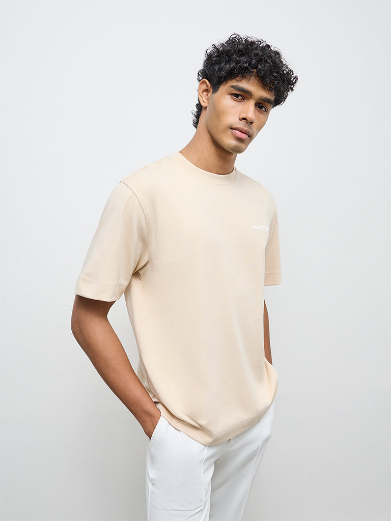 Nuoflexx Beige Typographic Relaxed-Fit Cotton-Blend T-Shirt