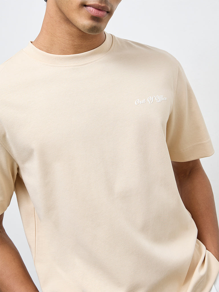 Nuoflexx Beige Typographic Relaxed-Fit Cotton-Blend T-Shirt