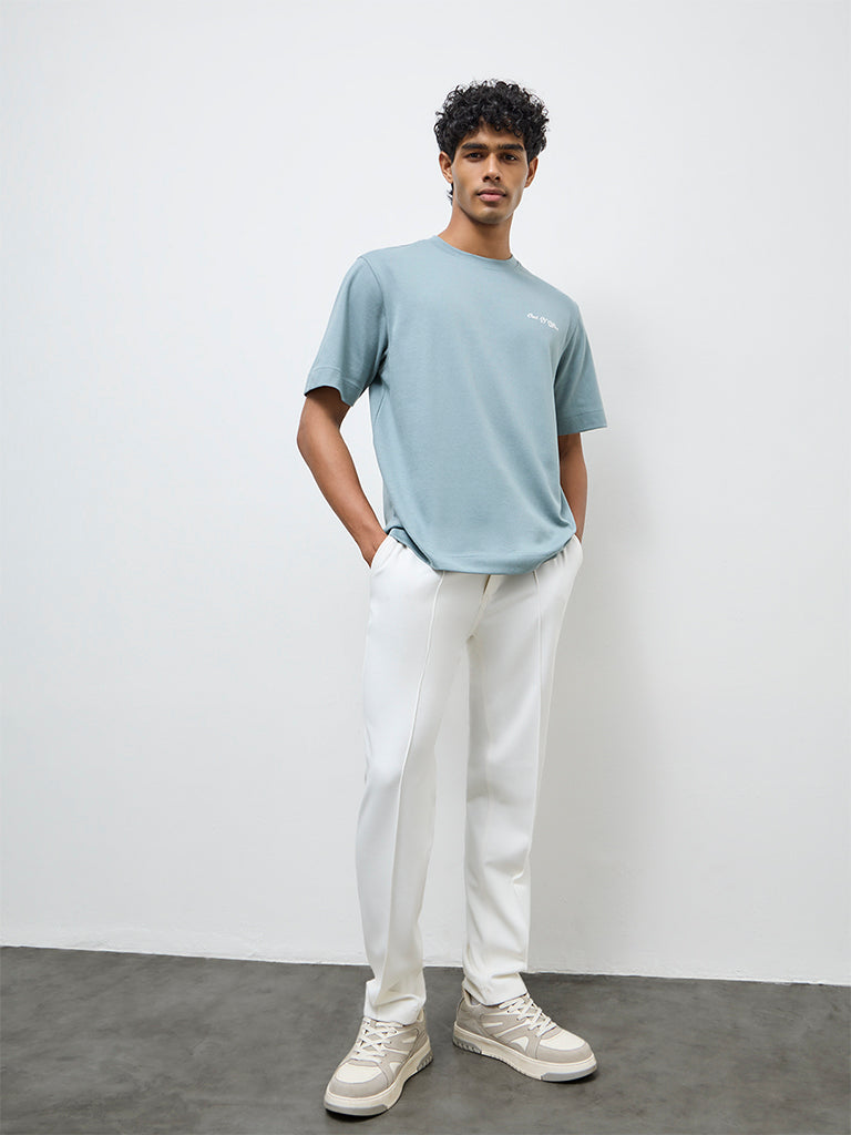 Nuoflexx Dusty Blue Typographic Relaxed-Fit Cotton-Blend T-Shirt