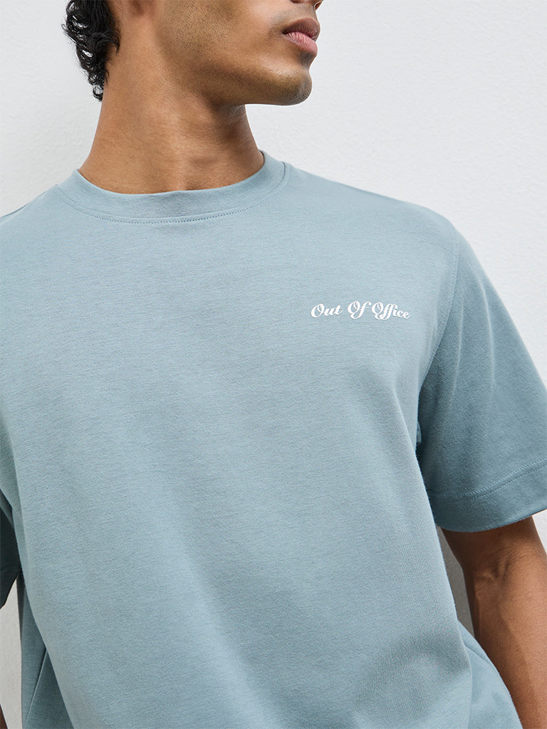 Nuoflexx Dusty Blue Typographic Relaxed-Fit Cotton-Blend T-Shirt