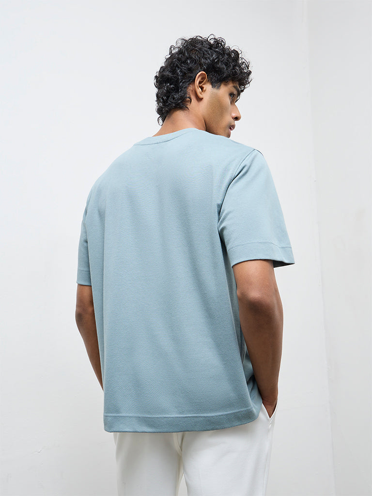 Nuoflexx Dusty Blue Typographic Relaxed-Fit Cotton-Blend T-Shirt