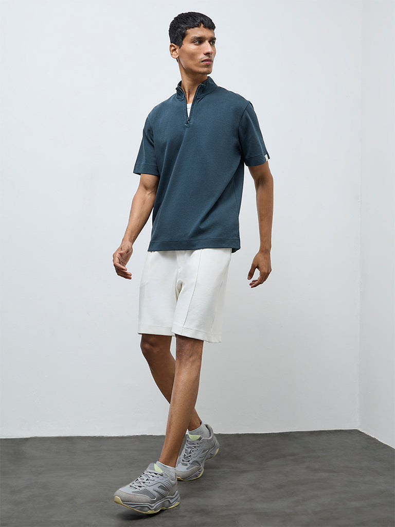 Studiofit Dark Teal Quarter-Zip Relaxed-Fit Cotton-Blend T-Shirt