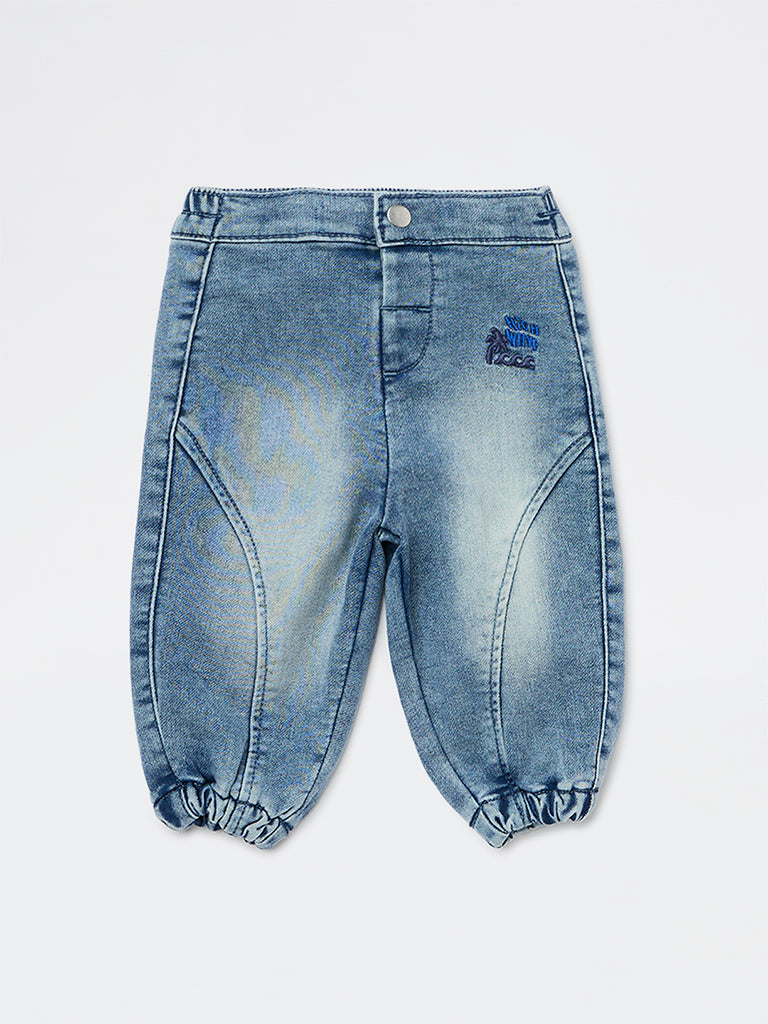 HOP Baby Boys Blue Washed Mid-Rise Denim Joggers