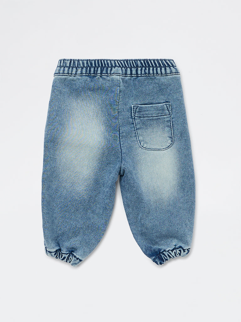 HOP Baby Boys Blue Washed Mid-Rise Denim Joggers