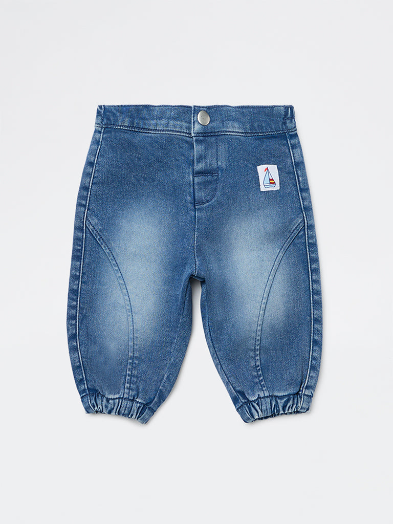 HOP Baby Boys Dark Blue Faded Mid-Rise Denim Joggers
