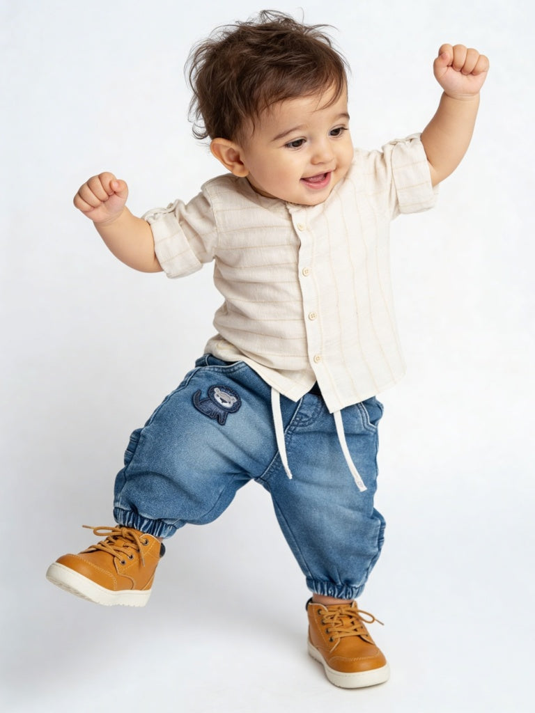 HOP Baby Boys Dark Blue Faded Mid-Rise Denim Joggers