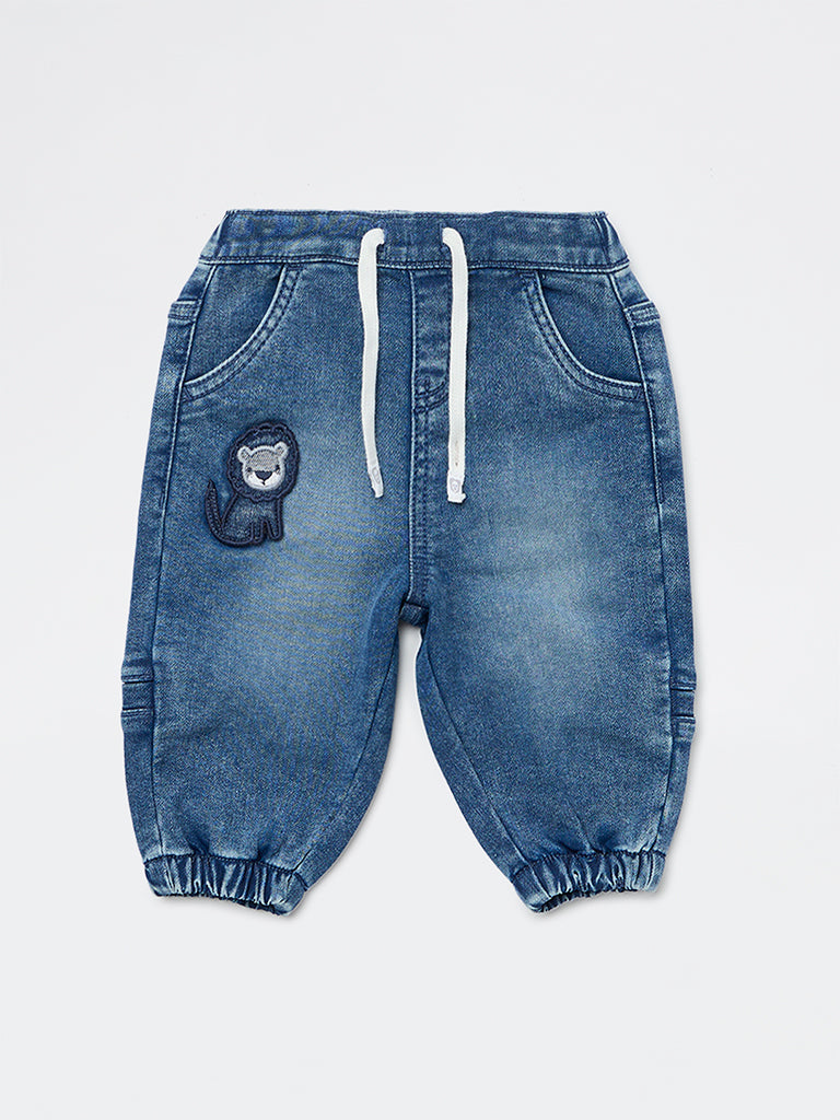 HOP Baby Boys Dark Blue Faded Mid-Rise Denim Joggers
