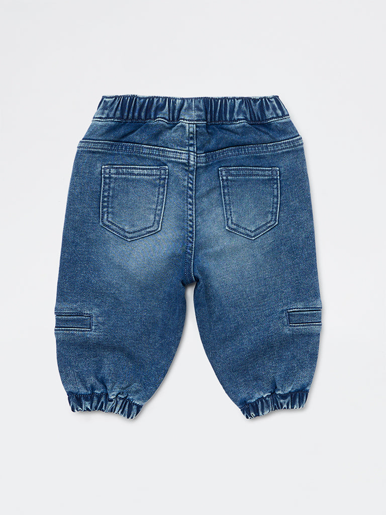 HOP Baby Boys Dark Blue Faded Mid-Rise Denim Joggers