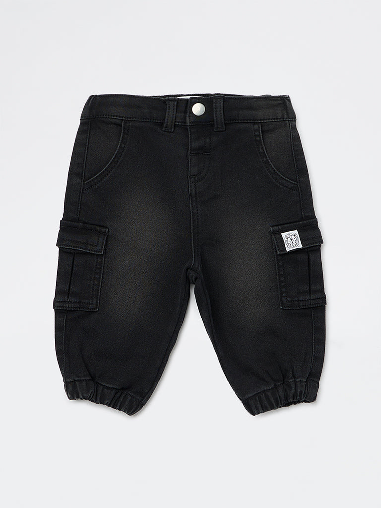 HOP Baby Boys Black Cargo-Style Denim Joggers
