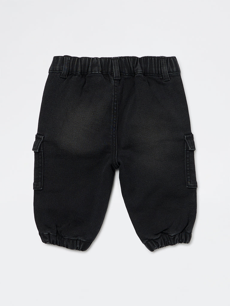 HOP Baby Boys Black Cargo-Style Denim Joggers