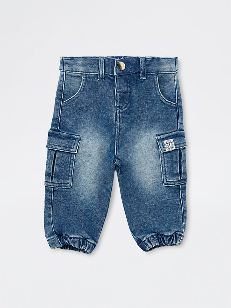 HOP Baby Boys Blue Washed Mid-Rise Cotton-Blend Joggers