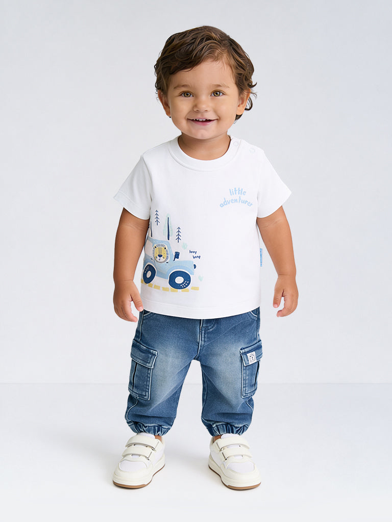 HOP Baby Boys Blue Washed Mid-Rise Cotton-Blend Joggers
