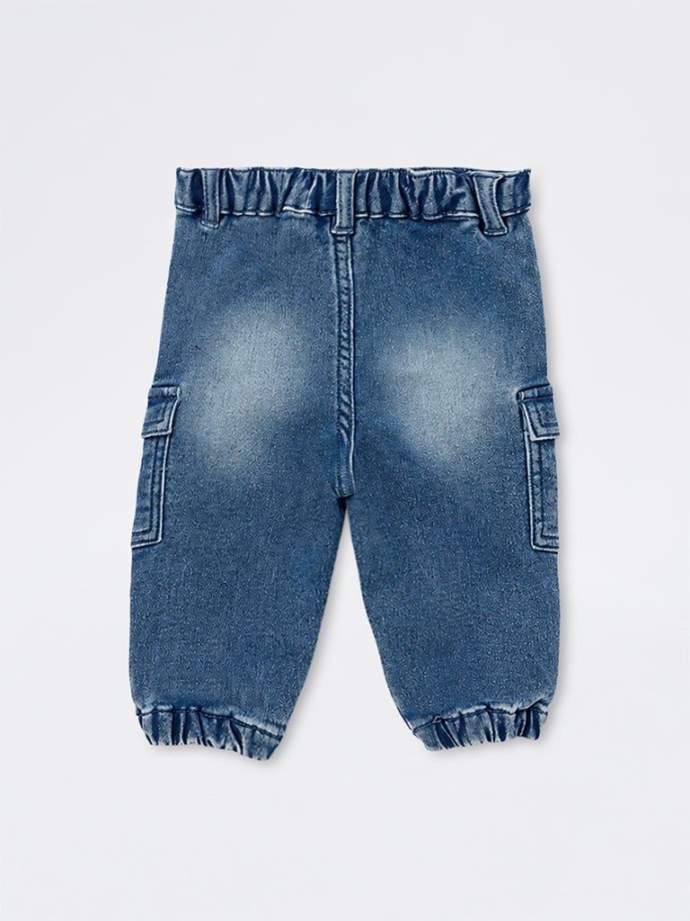 HOP Baby Boys Blue Washed Mid-Rise Cotton-Blend Joggers