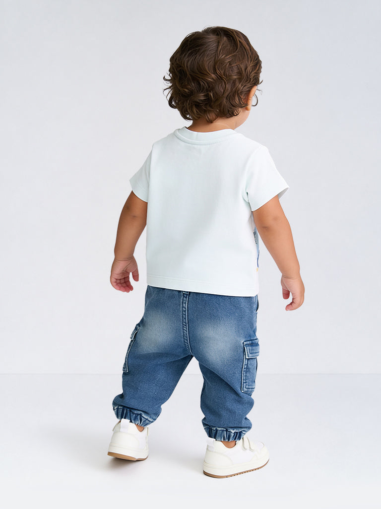 HOP Baby Boys Blue Washed Mid-Rise Cotton-Blend Joggers