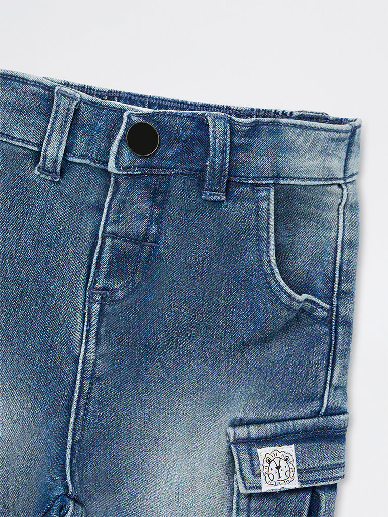 HOP Baby Boys Blue Washed Mid-Rise Cotton-Blend Joggers