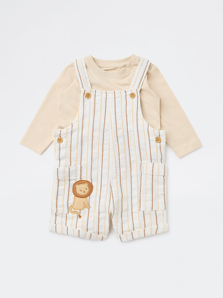 HOP Baby Boys Beige Striped Cotton T-Shirt and Dungaree Set
